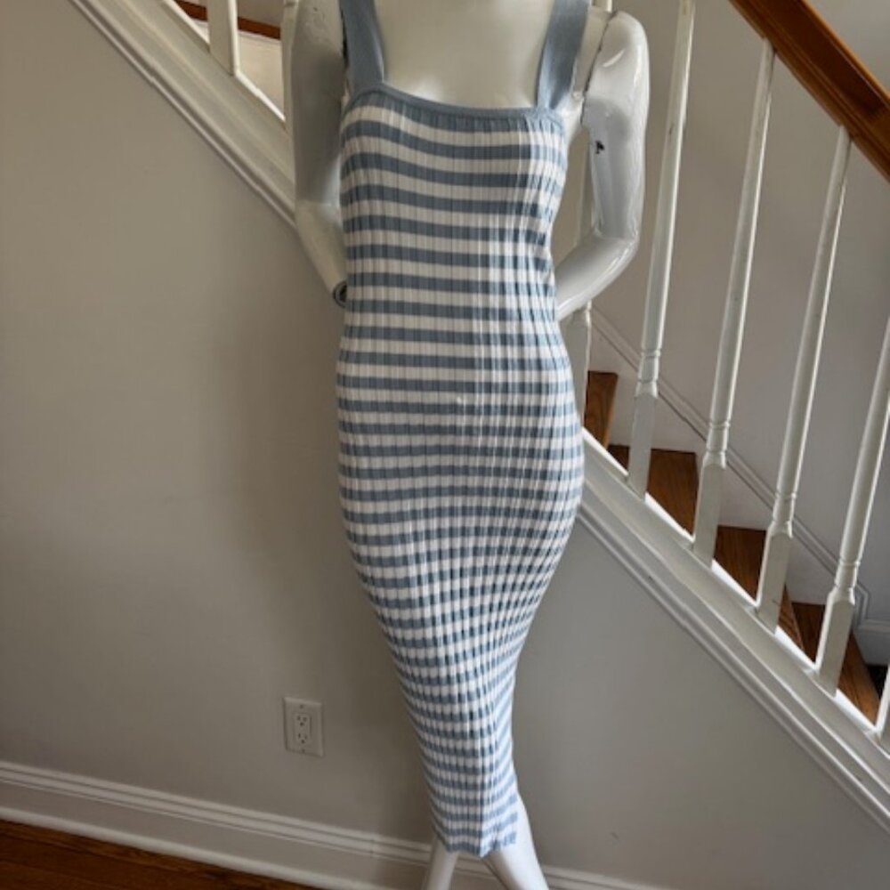 Summer Bodycon Blue Midi Dress Blue  Striped Square Neck Side Slit Knit